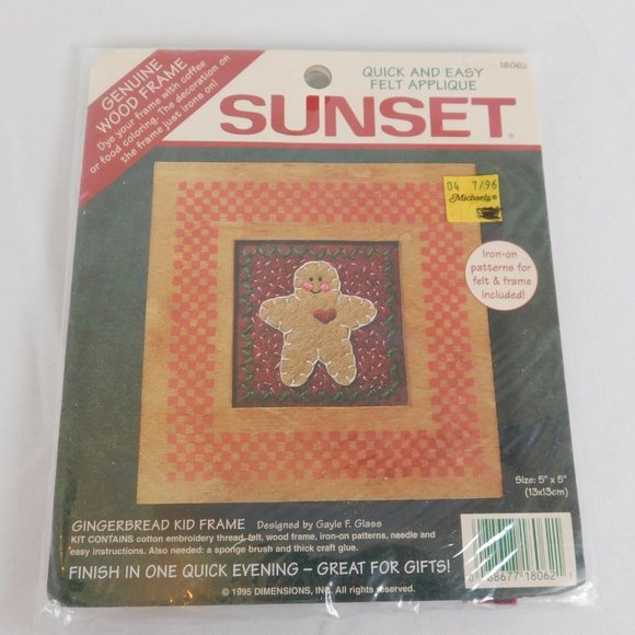 Sunset Other - Sunset Gingerbread Kid Frame Kit Felt Applique Size 5" x 5" Vtg 1995 Dimensions